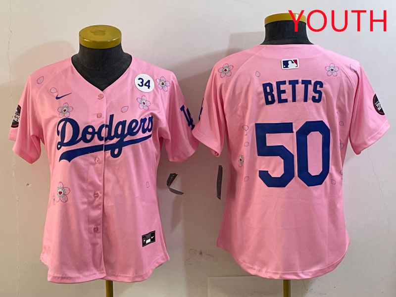 Youth Los Angeles Dodgers #50 Betts Pink Sakura Edition 2025 Nike MLB Jersey style 9->youth mlb jersey->Youth Jersey